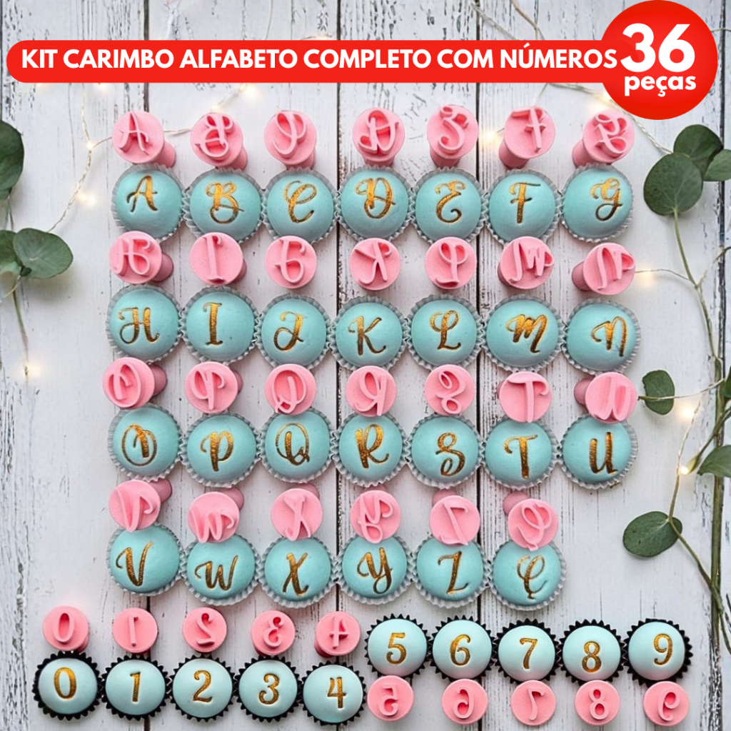 Kit Alfabeto Completo Letra Cursiva com Números Doce Brigadeiro Confeitaria - 36 peças