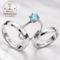 Aliança de Namoro Azul Par Prata Chanfrada + Solitário e Gravação