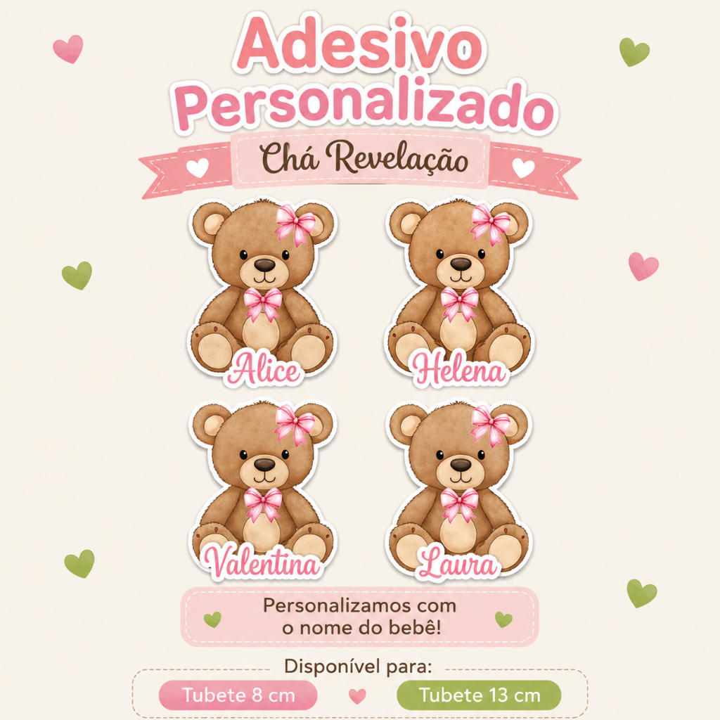 Adesivo Lembrancinha Ursinha Personalizado | Chá Revelação