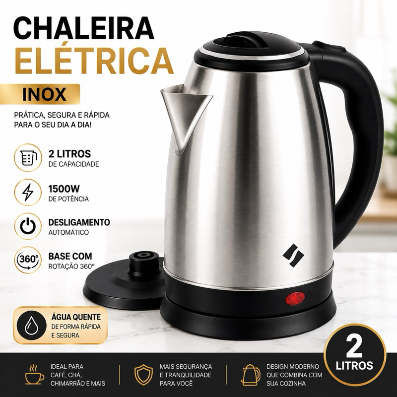 Chaleira Elétrica Inox 2L 220V 1500W Base 360° Desligamento Automático