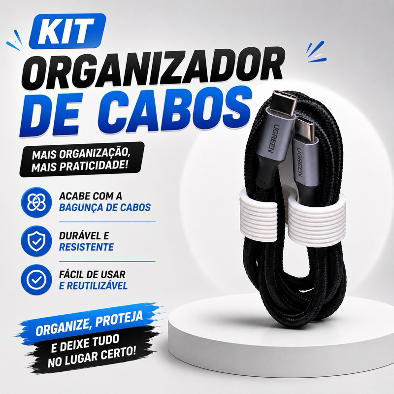 Kit Organizador de Cabos 3D em PLA | Prendedor Reutilizável para Fios USB, Carregador, Fone e Cabos | Alta Qualidade