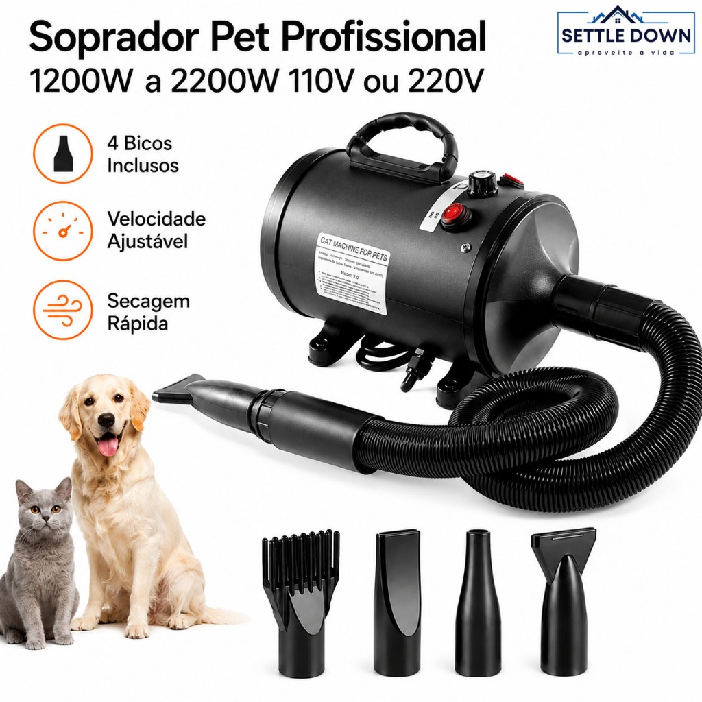Soprador Secador Pet Profissional com 4 Bicos 1200W a 2200W para Cães e Gatos 110V ou 220V