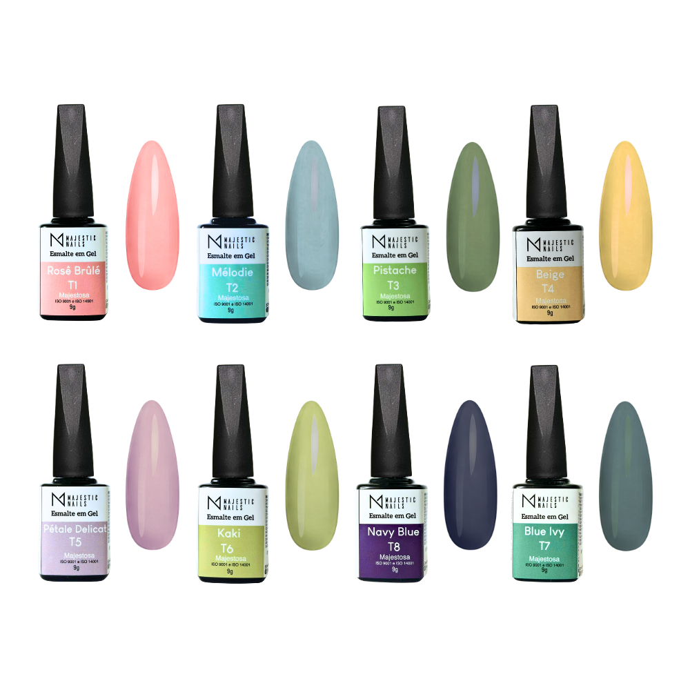 Kit Esmalte em gel LINHA T 9g (8 cores) Alongamento Majestic Nails