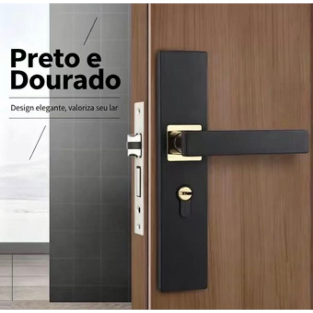 Maçaneta de porta moderna preto ouro com sistema silencioso para quarto e banheiro