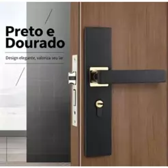 Maçaneta de porta moderna preto ouro com sistema silencioso para quarto e banheiro