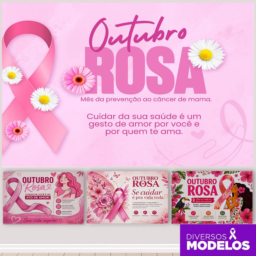 Painel Outubro Rosa Decoração Campanhas Painel Retangular Horizontal Sublimado em Tecido