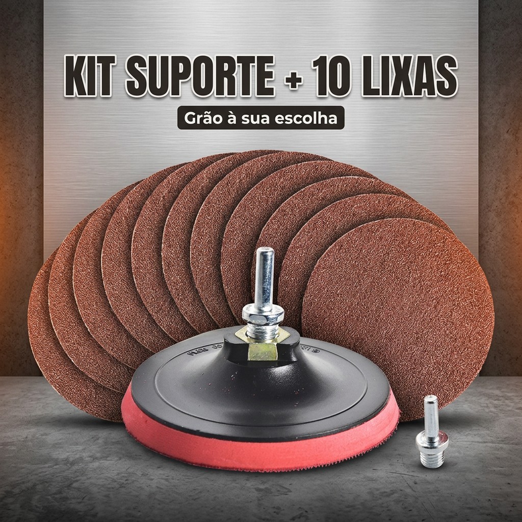 Kit Suporte Lixa Velcro 125mm M14 com 10 Discos Para Furadeira Esmerilhadeira Parafusadeira