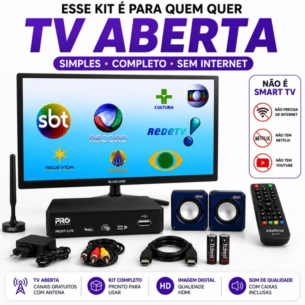 TV Aberta 20 Polegadas Completo c/ Conversor Digital + Antena HDTV + Caixas de Som Pronto p uso