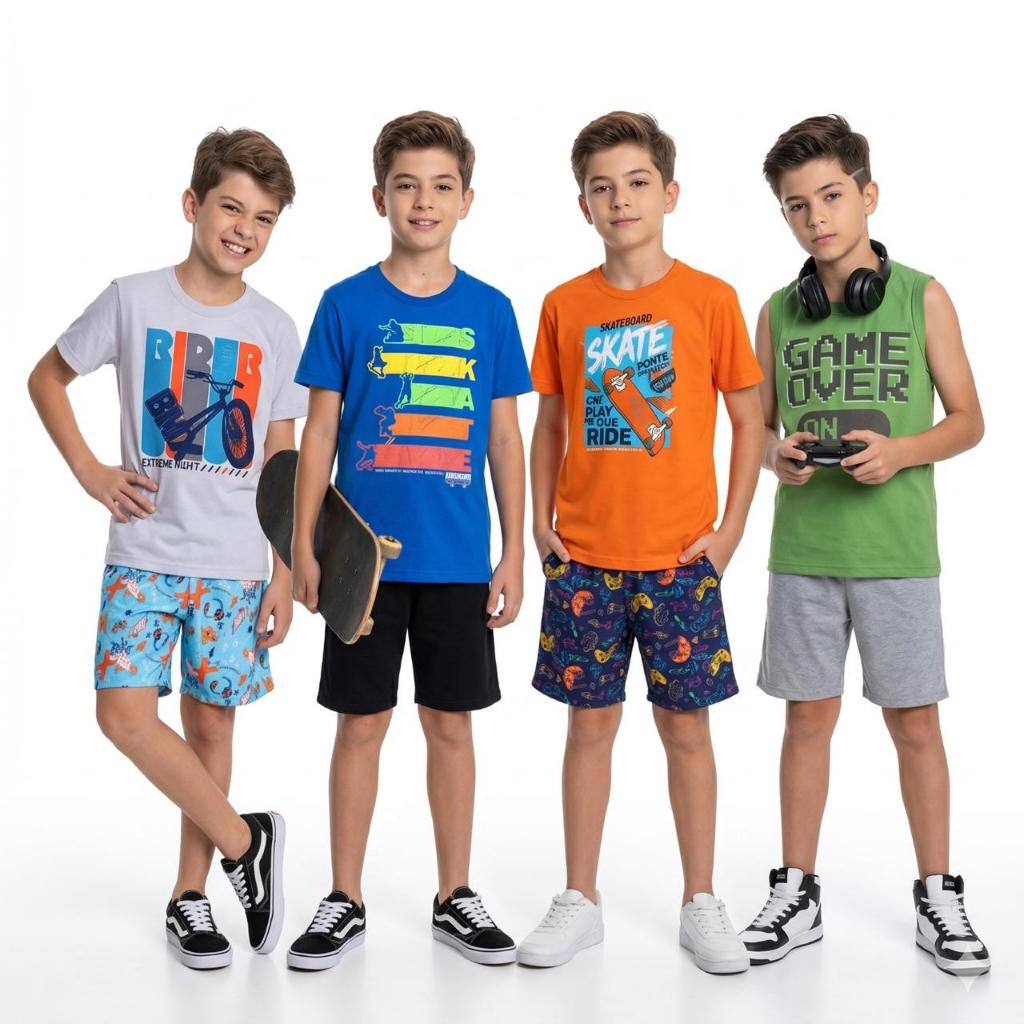 Kit com 10 Peças Roupa Infanto Juvenil Masculino 5 Camiseta Verão e 5 Bermuda em Algodão 1 ao 16 anos
