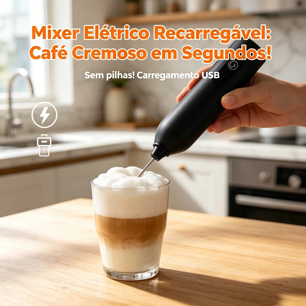 Espumador de Leite Mixer Elétrico Recarregável USB, Cria Espuma Cremosa para Cappuccino Latte e Café, Portátil, Sem Nece