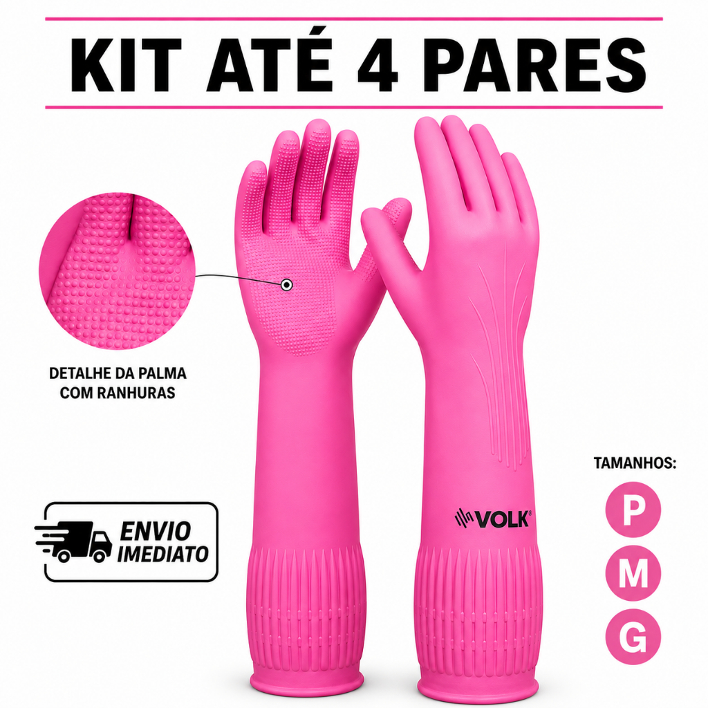 Kit 4 2 Ou 1 Pares Luva Latex Cano Longo Rosa Pink Ranhurada Limpeza Jardinagem Tira Pelo Pet Epi