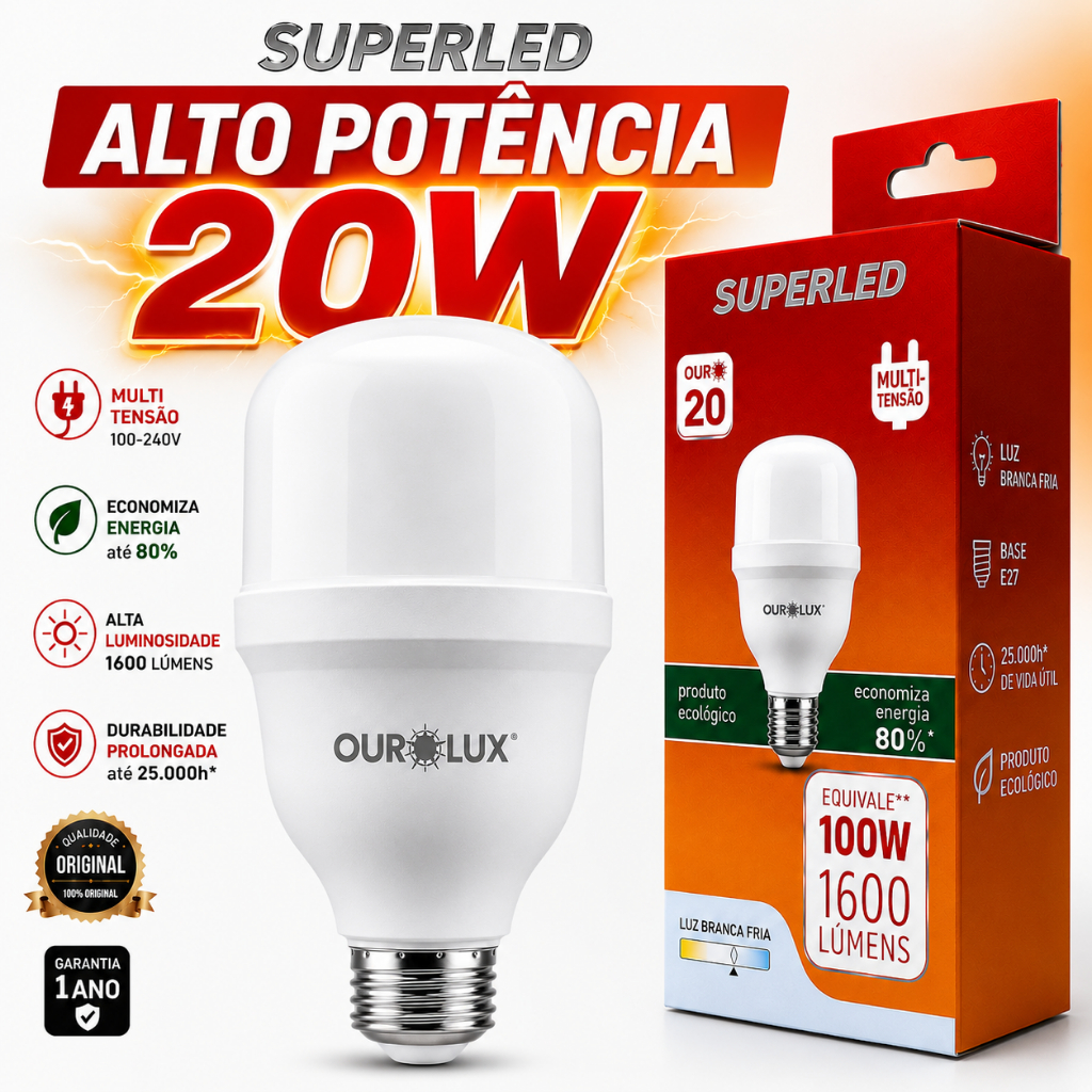 Lâmpada Alta Potência LED 20w E27 Bivolt 6500K Luz Branca Fria Ourolux SuperLED T20 1600lm