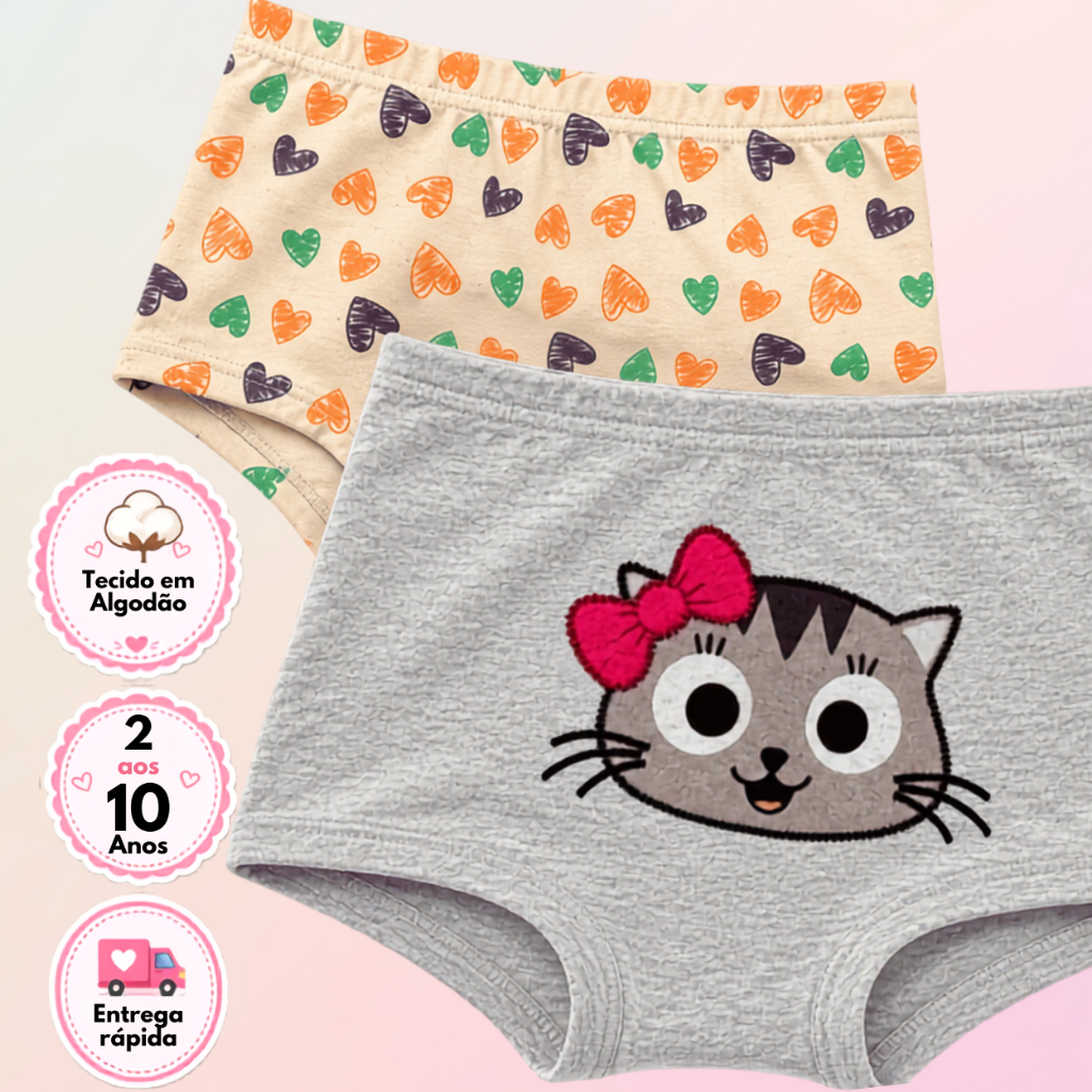 Calcinha para Menina KIt 2 pçs Infantil em Algodão Macio, Confortável, Cintura com Elástico Suave, Estampas Variadas,
