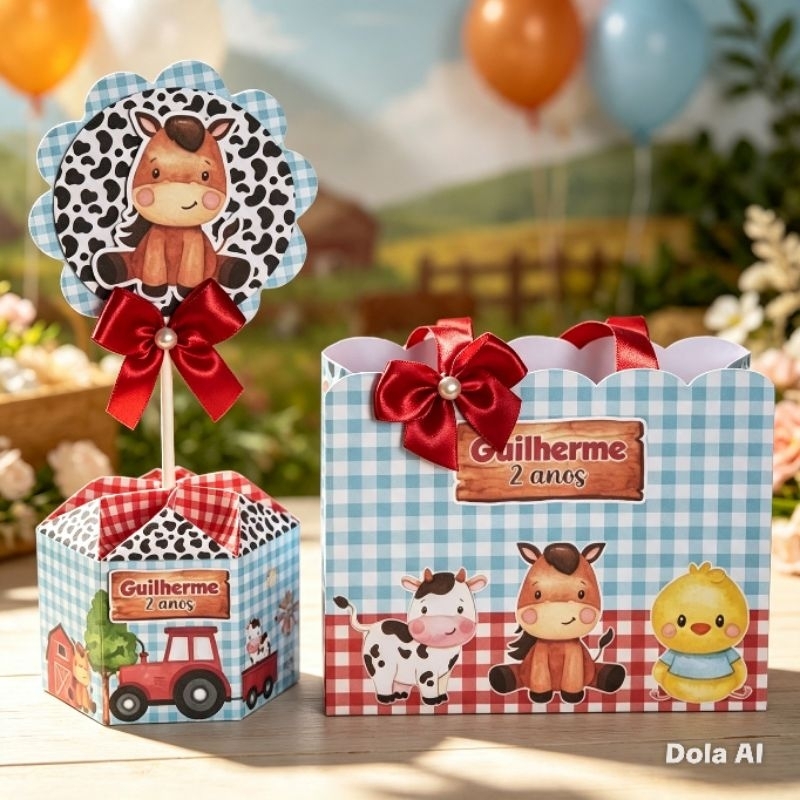 Kit centro de Mesa + Sacolinha personalizada Lembrancinha Fazendinha | Festa Infantil Luxo |  Menino