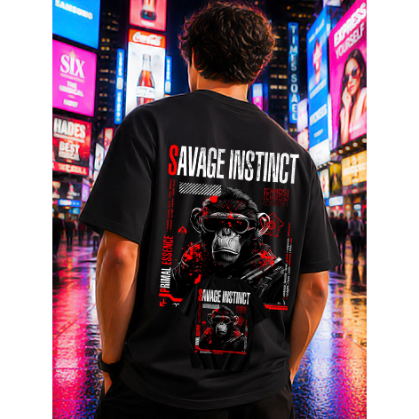 Camiseta Casual Estilo de Rua Savage Instinct Masculina Feminina Algodão Frente Costas Estampado Unissex Oversized