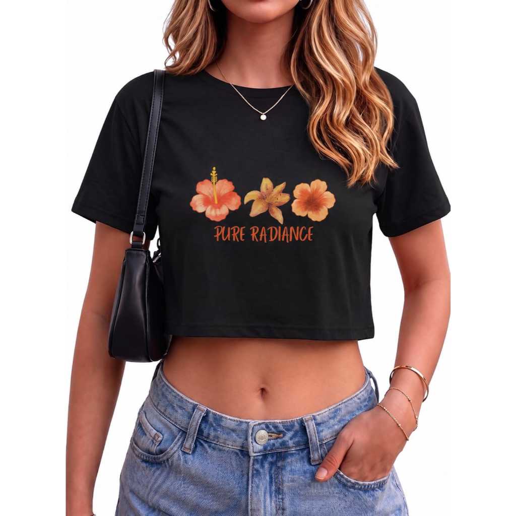 Cropped Preto Feminino Estampa Flores 100% Algodão Premium Casual Confortável Estiloso Versátil Elegante Dia-A-Dia