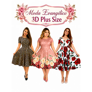Vestido Moda Evangélica Estampados 3D Flores Rodado Moda Modesta Floral Leve Grupo Congressos Fardamentos Evangélicos