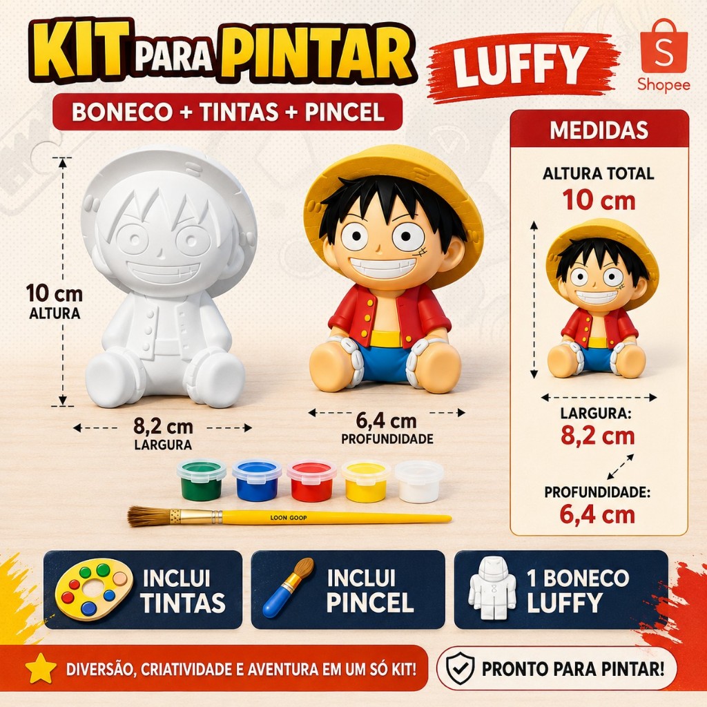 Boneco Luffy One Piece Para Colorir Pintar Com 6 Tintas Para Crianças Brinquedo de Pintura Infantil Educativa