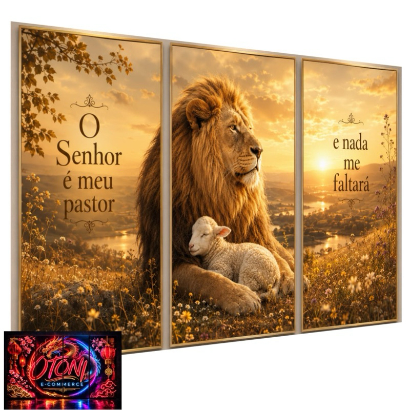 Quadros Decorativos Leão De Judá E Cordeiro Religioso 3 Peças Decoração Sala Quarto Escritório Cozinha