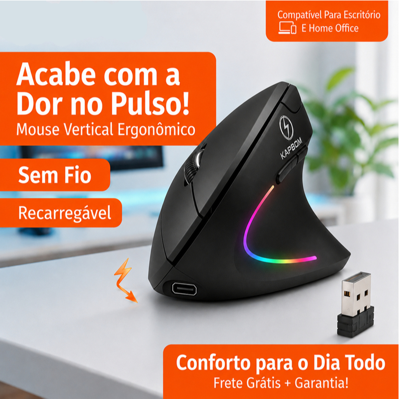 Mouse Vertical Ergonômico Sem Fio Recarregável Kapbom KA-612 USB Bluetooth Silencioso para Notebook PC Gamer