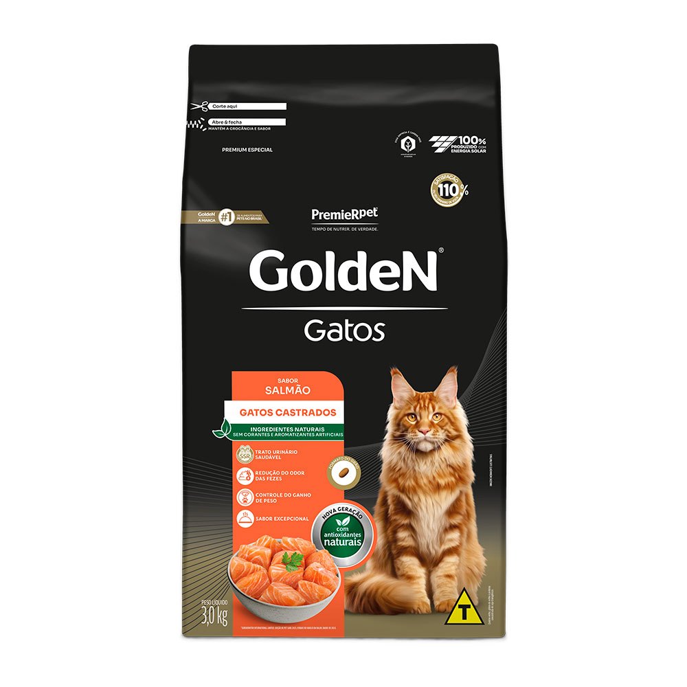 Ração Golden Para Gatos Adultos Castrados Sabor Salmão 3Kg