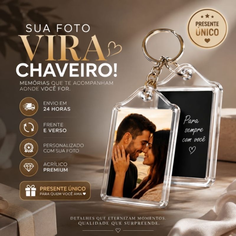 Chaveiro com Foto Personalizado 3x4 | Presente Único | Frente e Verso | Envio em 24h