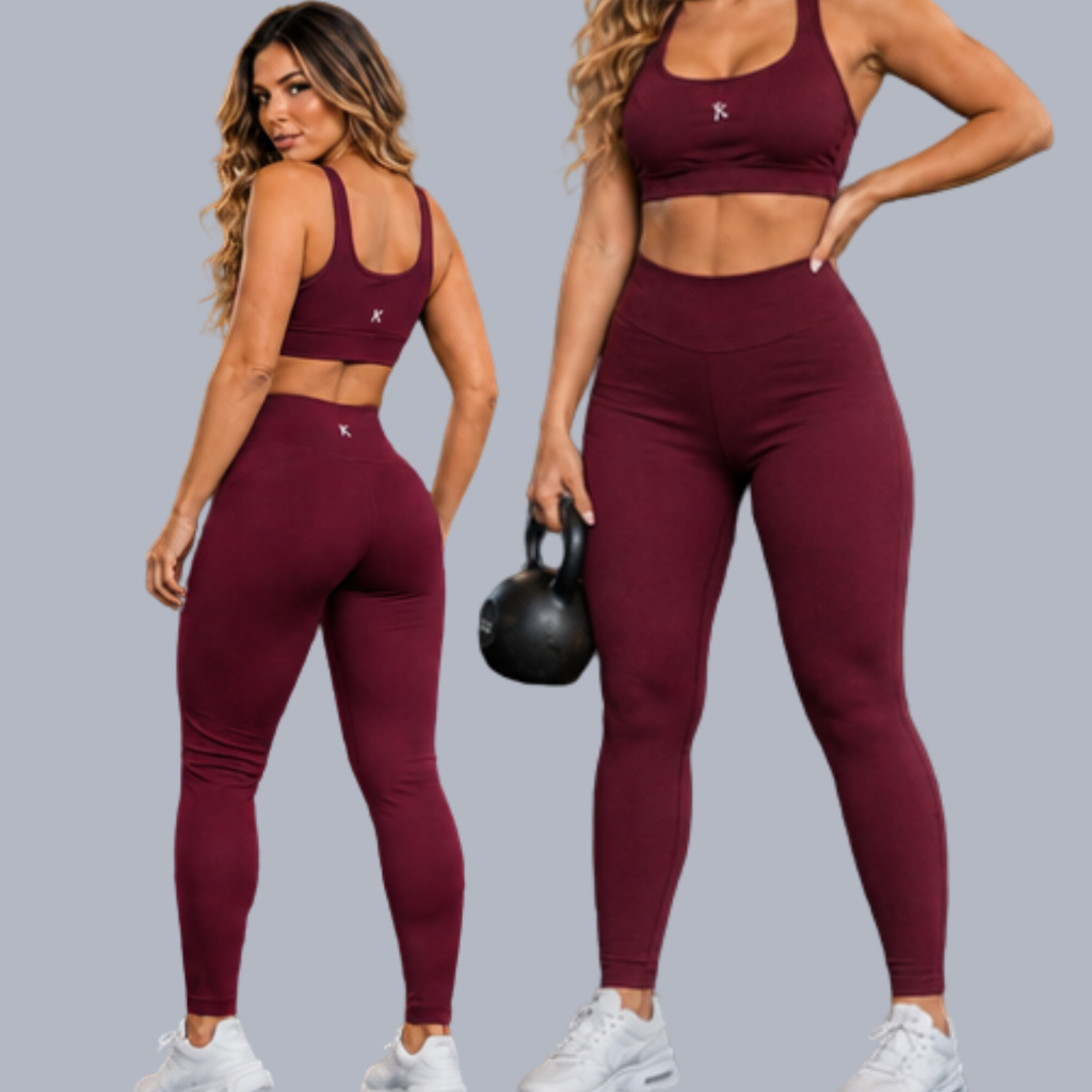 Conjunto Academia Treino Top e Calça Legging Feminino Fitness cós Alto Zero Transparência cor vinho