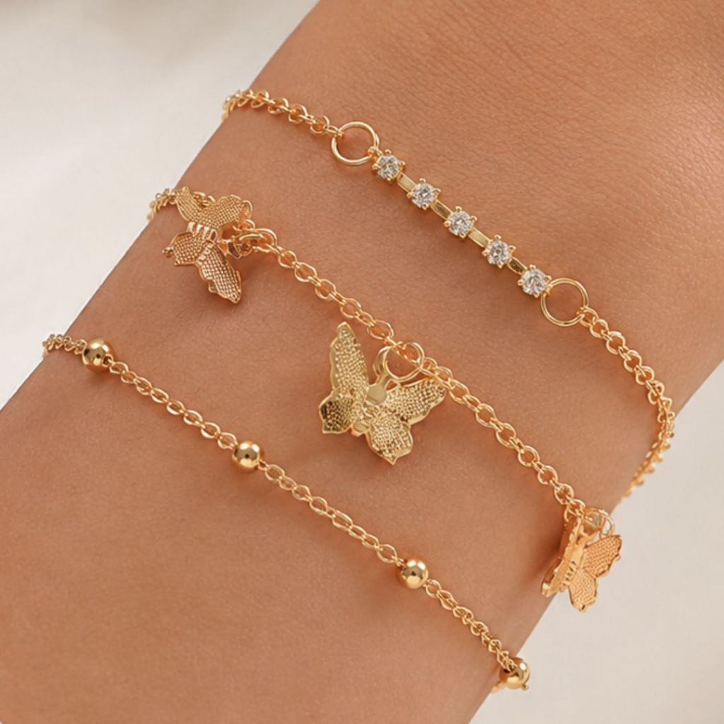 Kit 3 Pulseiras Femininas Douradas Minimalistas com Zircônias e Borboletas Bijuteria Premium Atacado