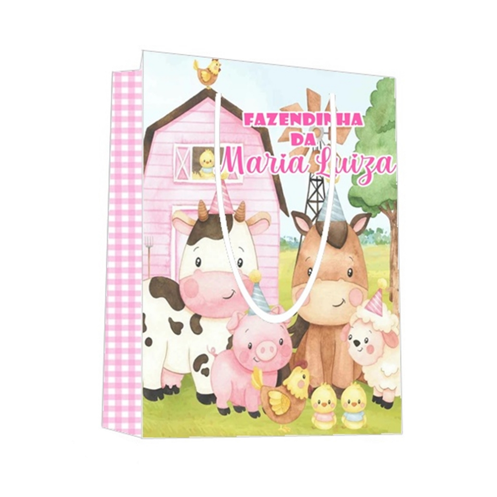Sacolinha Fazendinha Menina Rosa Personalizada para Aniversário/ Lembrancinha Festa Infantil / Qualquer nome e idade