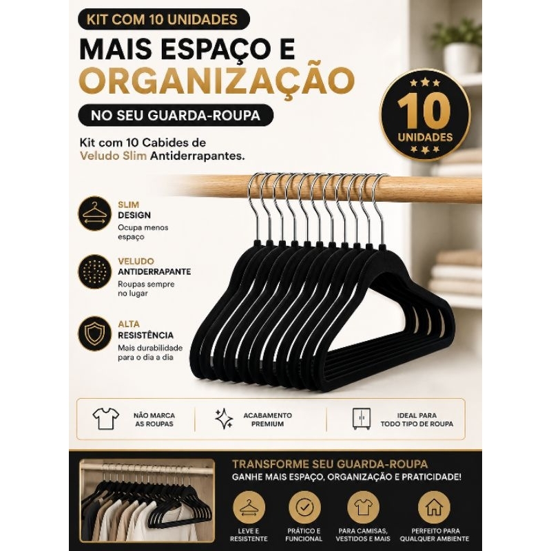 Kit 10 Cabides de Veludo Slim Adulto Antiderrapante Preto Organizador de Guarda-Roupa Closet Premium Resistente