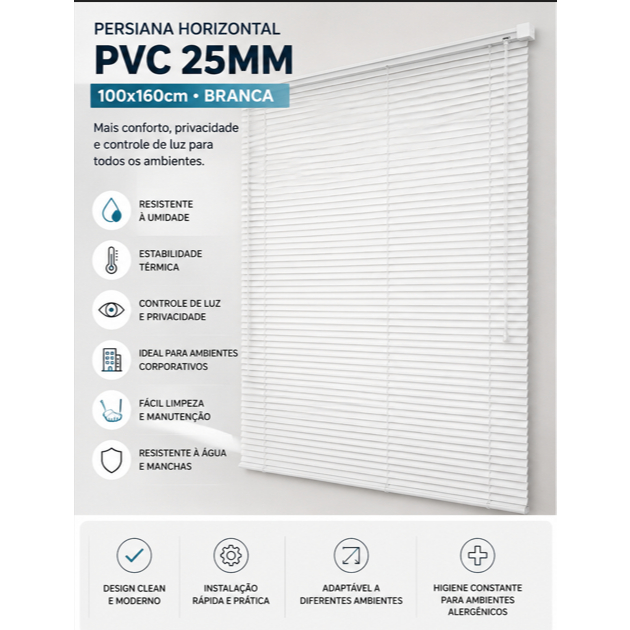 ersiana Horizontal PVC 25mm Branca 100x160cm Conthey Evolux Com Kit Instalação para Janela