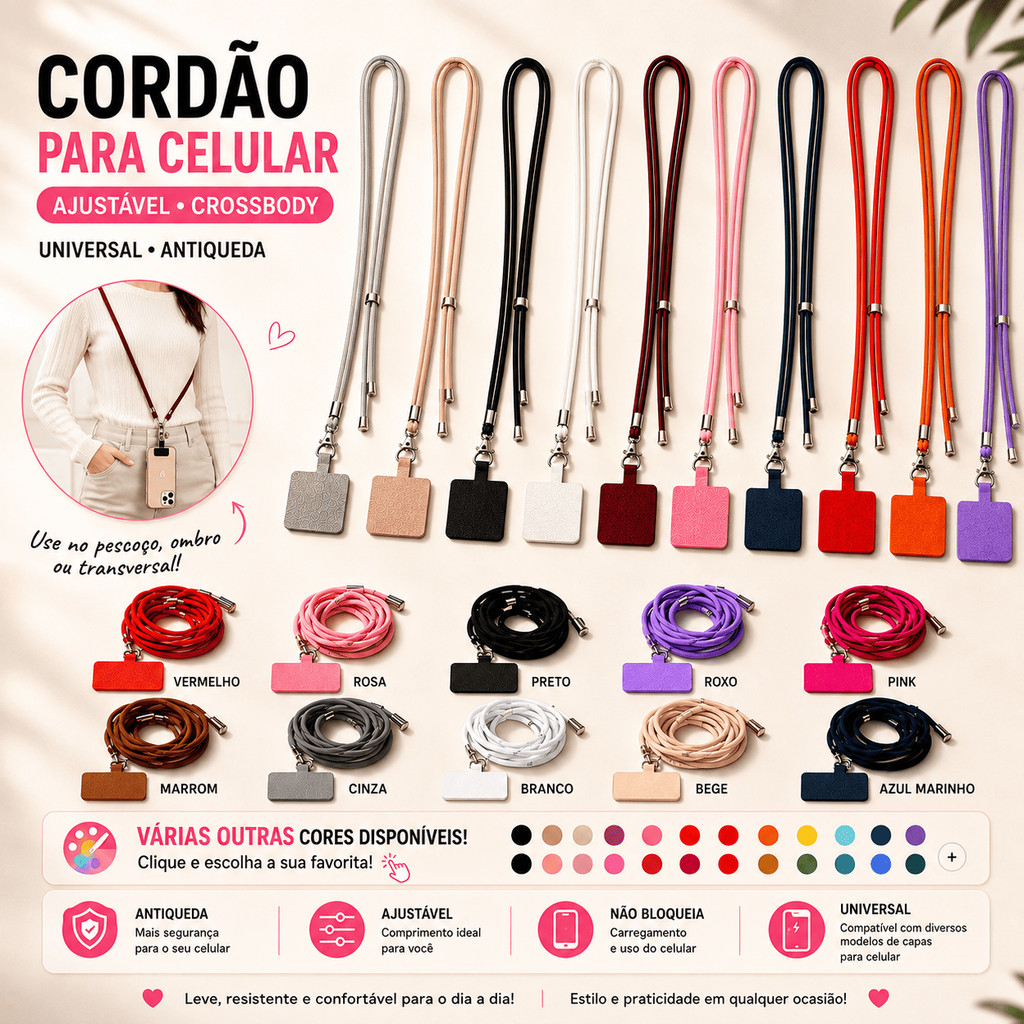 Cordão Ajustável para Celular Crossbody Universal Antiqueda, Leve e Resistente Uso Diário