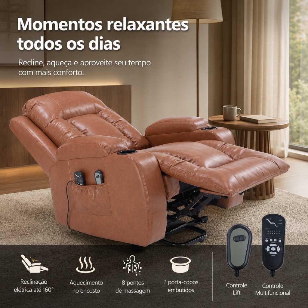 Poltrona de Leitura Poltrona do Papai Lift Poltrona Reclinável Austin Elétrica Massagem PU Caramelo G94