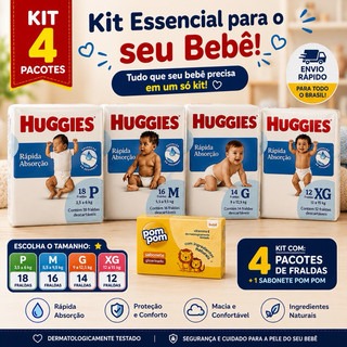 Kit com 4 Pacotes de Fralda Descartáveis Huggies Tripla Proteção P | M | G | XG +1 SABONETE HUGGIES