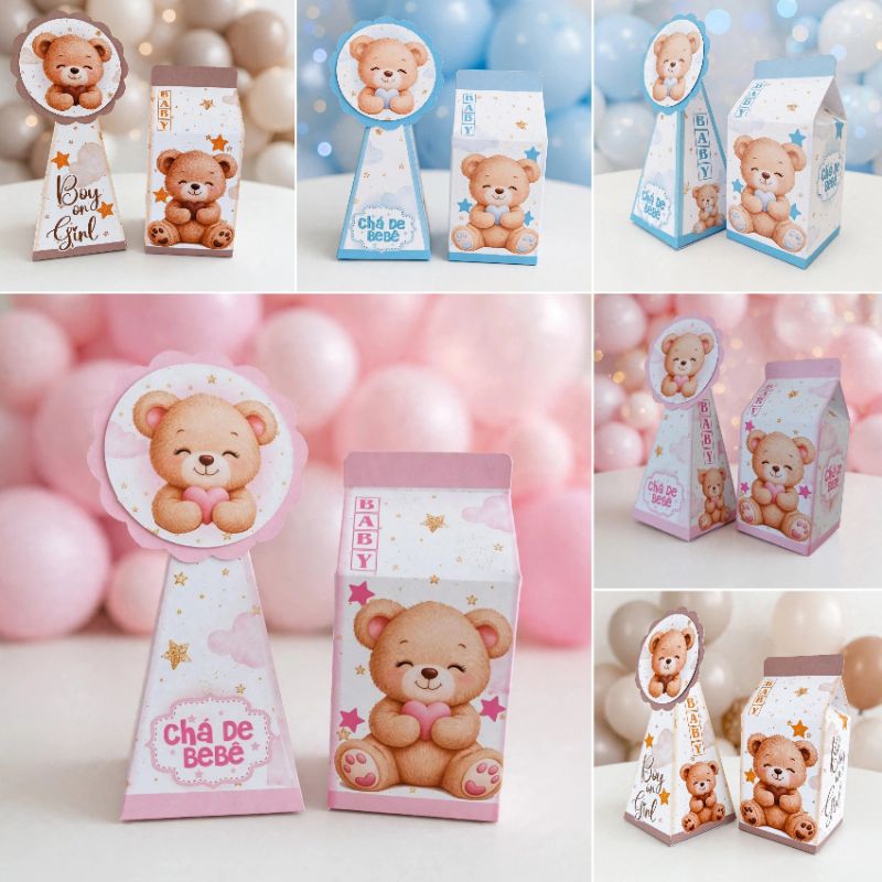 KIT CAIXA MILK E PIRÂMIDE CHÁ REVELAÇÃO E CHÁ DE BEBÊ, AZUL ,ROSA , MARROM/ CAIXINHAS/ LEMBRANCINHAS