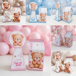 KIT CAIXA MILK E PIRÂMIDE CHÁ REVELAÇÃO E CHÁ DE BEBÊ, AZUL ,ROSA , MARROM/ CAIXINHAS/ LEMBRANCINHAS