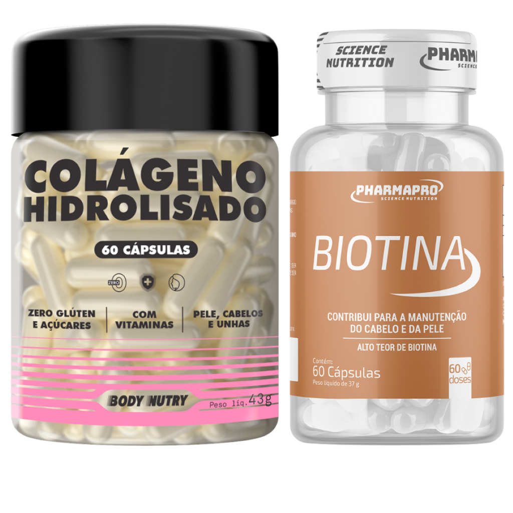 Kit Biotina 60 Cáps + Colágeno Hidrolisado 60 Cáps | Cuidado Com Pele, Unhas, Cabelos e Articulações