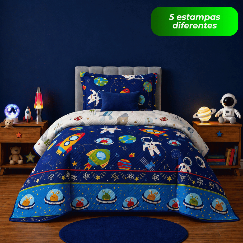 Kit Colcha Cobre Leito Infantil Solteiro 2 Peças Futebol Avião Foguete Espaço Microfibra Matelado