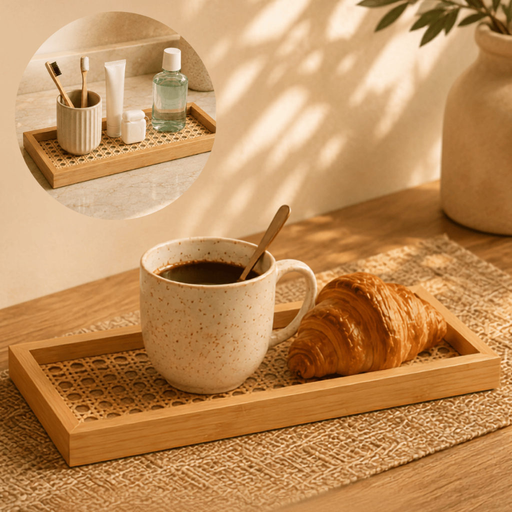 Bandeja Organizadora Decorativa Retangular Palha Madeira Bambu Vidro Multiuso Luxo Dourado Sala Banheiro