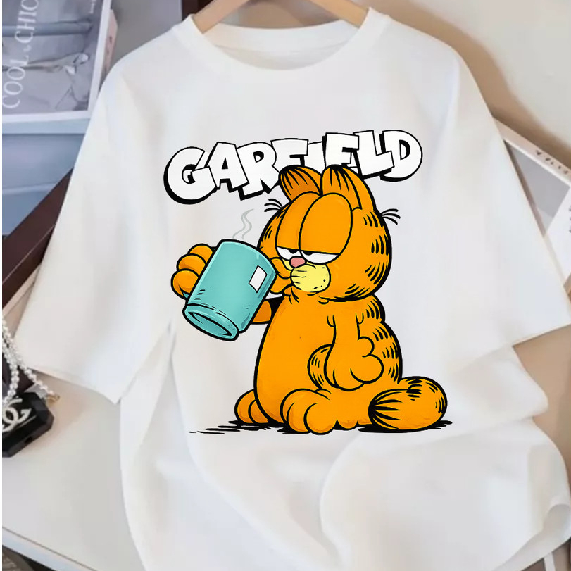 Camiseta Feminina 100% Algodão Garfield Fofo Café Treino Academia Musculação Fitness Oversized