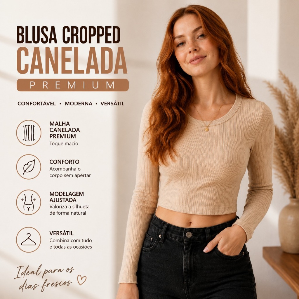 Cropped Feminino Canelado Manga Longa Ideal para Inverno Tecido Confortável Modelagem Estilosa