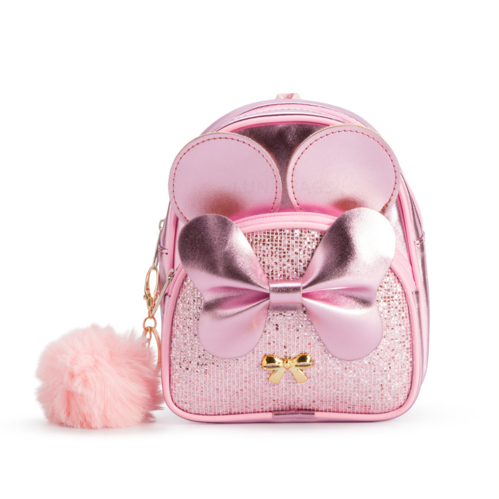 Mini Mochila Infantil Feminina com Glitter Alça Rosa para Meninas 2 a 6 Anos Laço Bolso Frontal + Chaveiro Pompom