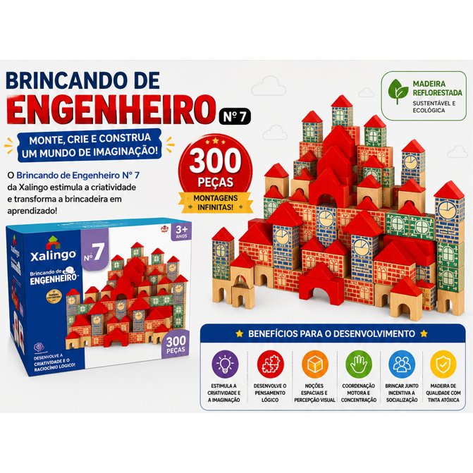 Brincando de Engenheiro Nº 7 Xalingo 300 Peças Blocos de Montar em Madeira Educa