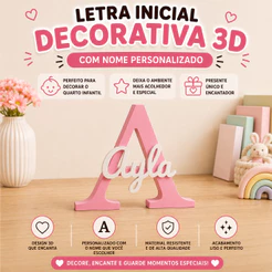 Letra Inicial Decorativa 3D com Nome Personalizado Quarto Infantil