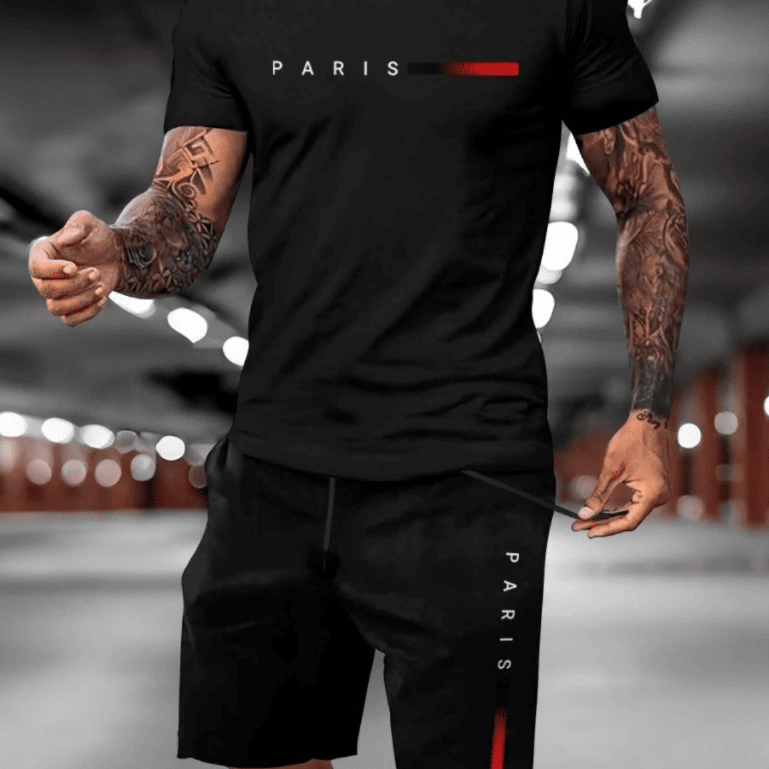 Kit Conjunto Masculino Camiseta Algodão Short Tactel Estampado Paris Minimalista Estilo Casual Leve E Confortável