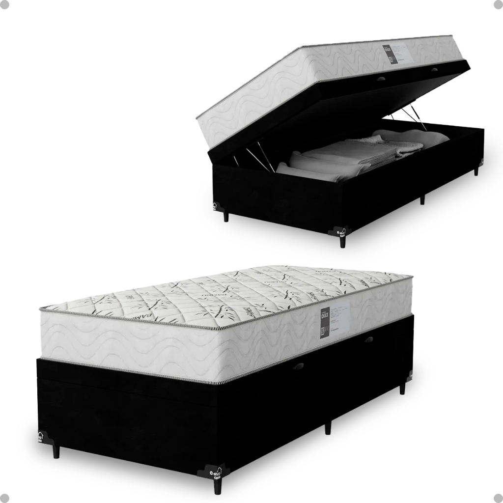 Baú Solteiro Suede Preto + Colchão D33 One Face Branco- e-Shop Casa