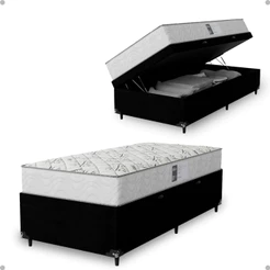 Baú Solteiro Suede Preto + Colchão D33 One Face Branco- e-Shop Casa