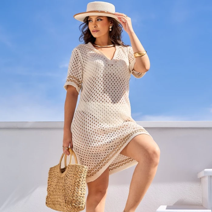 Saída Vestido Curto de Praia Elegante e Luxuoso Verão Tendência Decote V Rendada — imagem 1