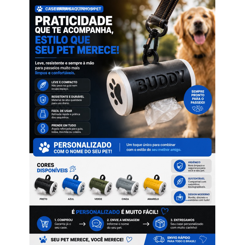 Case Porta Saquinhos Higiênicos para Cachorro Personalizado com Nome | Dispenser para Guia, Coleira e Passeios