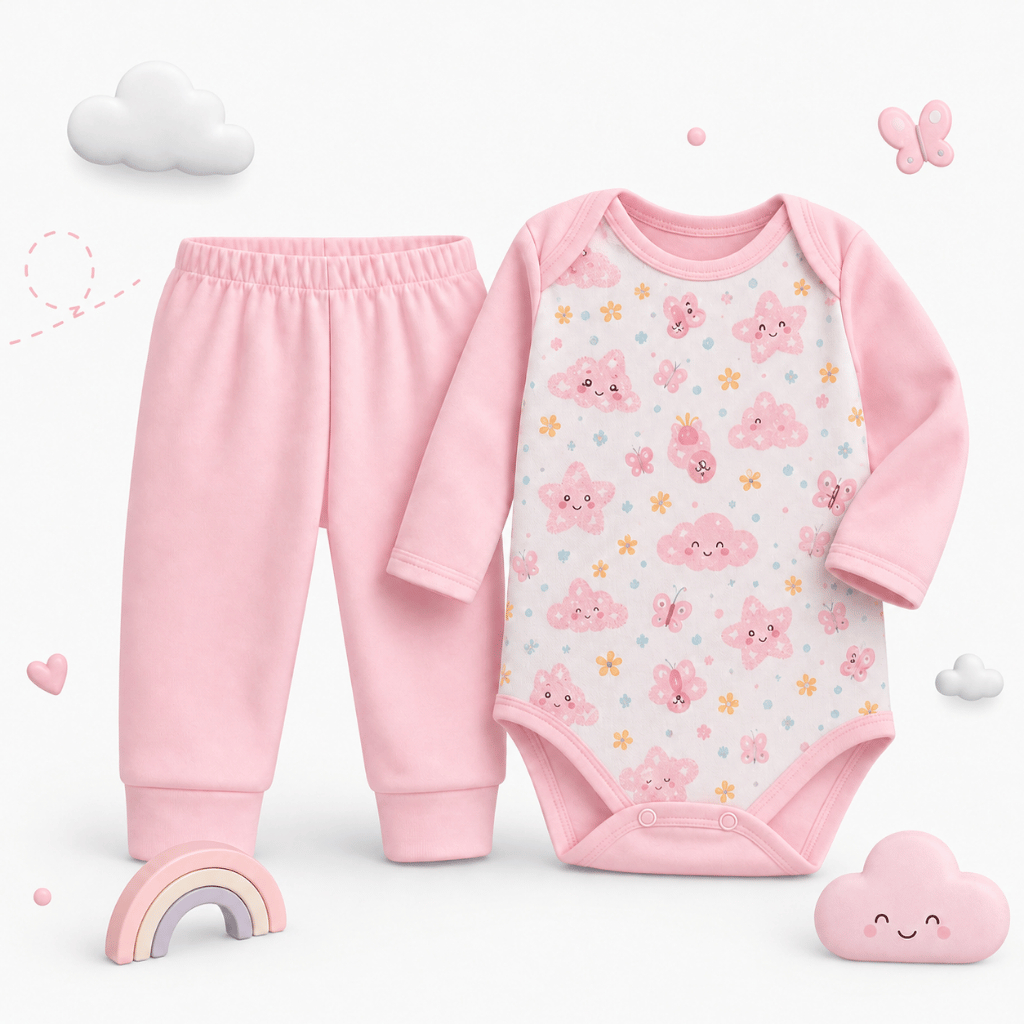 Conjunto Body Estampado Canelado Manga Longa com Mijão para Bebes Confortável Enxoval Infantil Macio